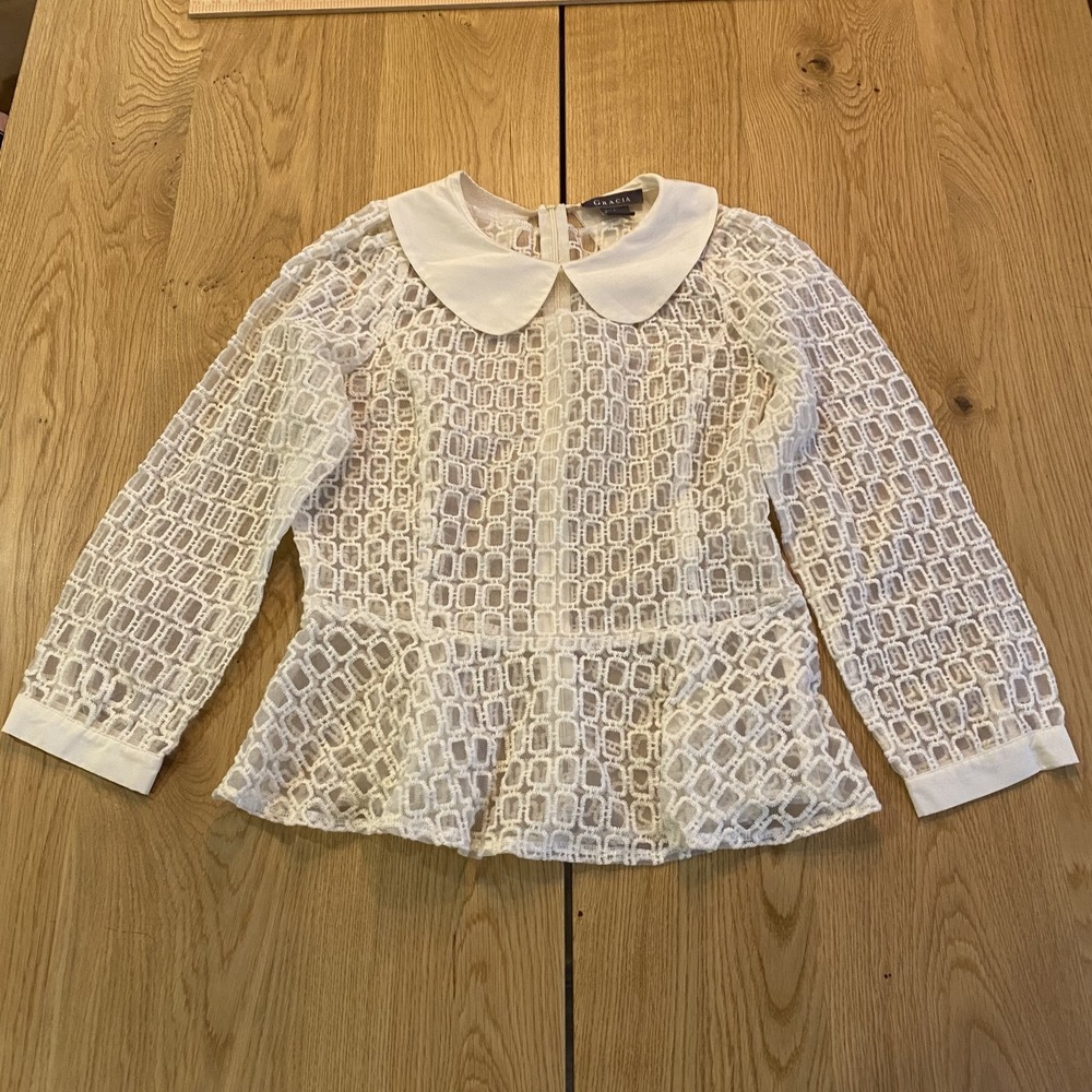 Gracia peplum top Women's large Ivory lace Blouse peter pan collar
